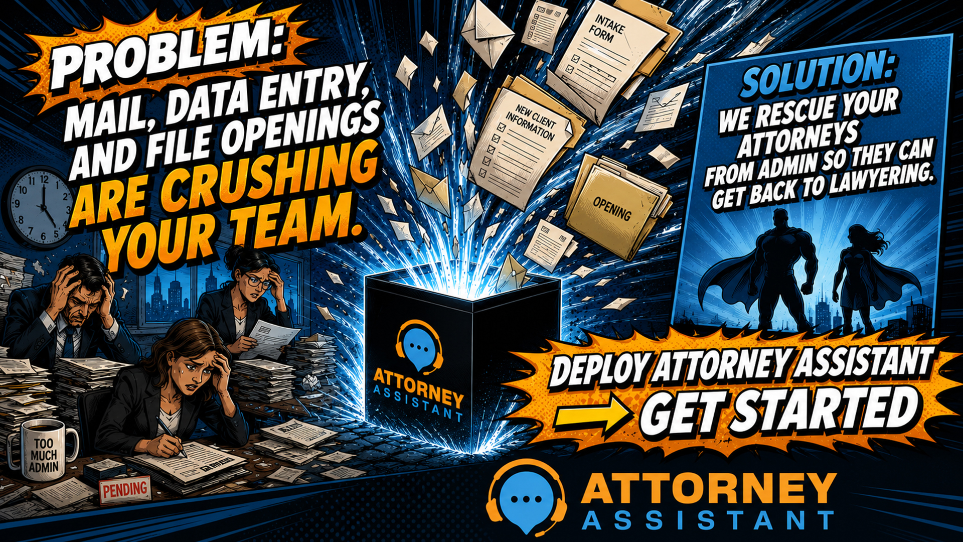 Problem: Mail, data entry, and file openings are crushing your team. Solution: We rescue your attorneys from admin so they can get back to lawyering.
