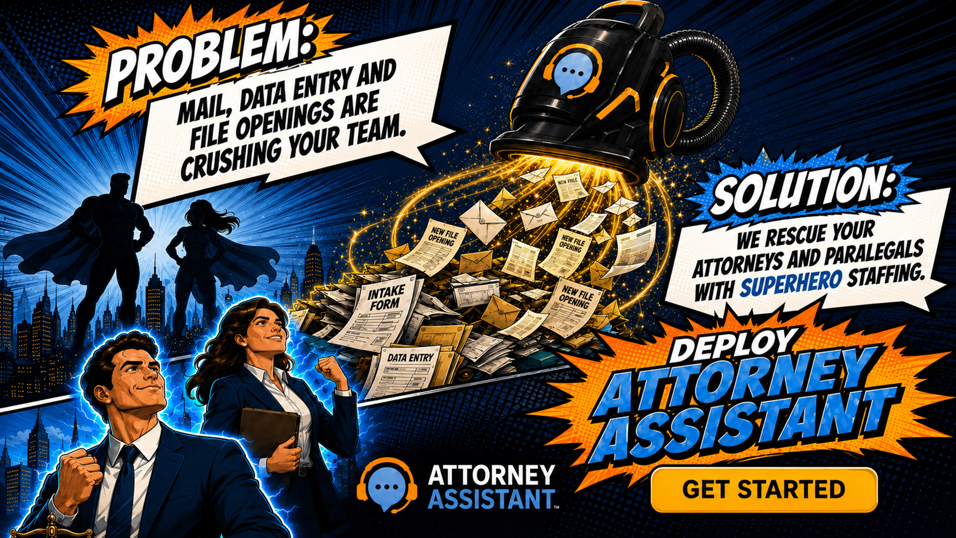 Problem: Mail, data entry, and file openings are crushing your team. Solution: We rescue your attorneys and paralegals with superhero staffing.