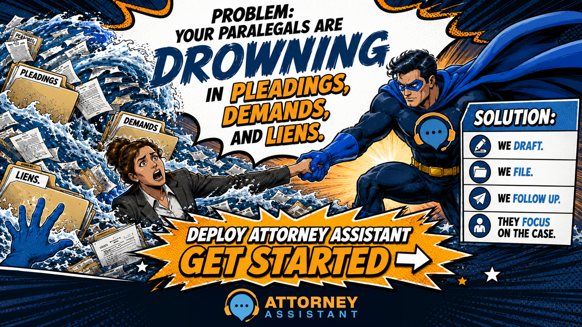 Problem: Your paralegals are drowning in pleadings, demands, and liens. Solution: We draft. We file. We follow up. They focus on the case.