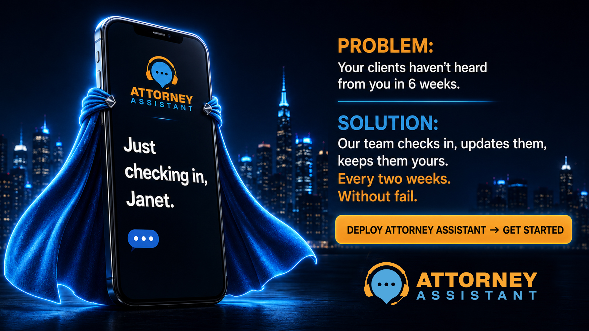 Problem: Your clients haven't heard from you in 6 weeks. Solution: Our team checks in, updates them, keeps them yours. Every two weeks. Without fail.