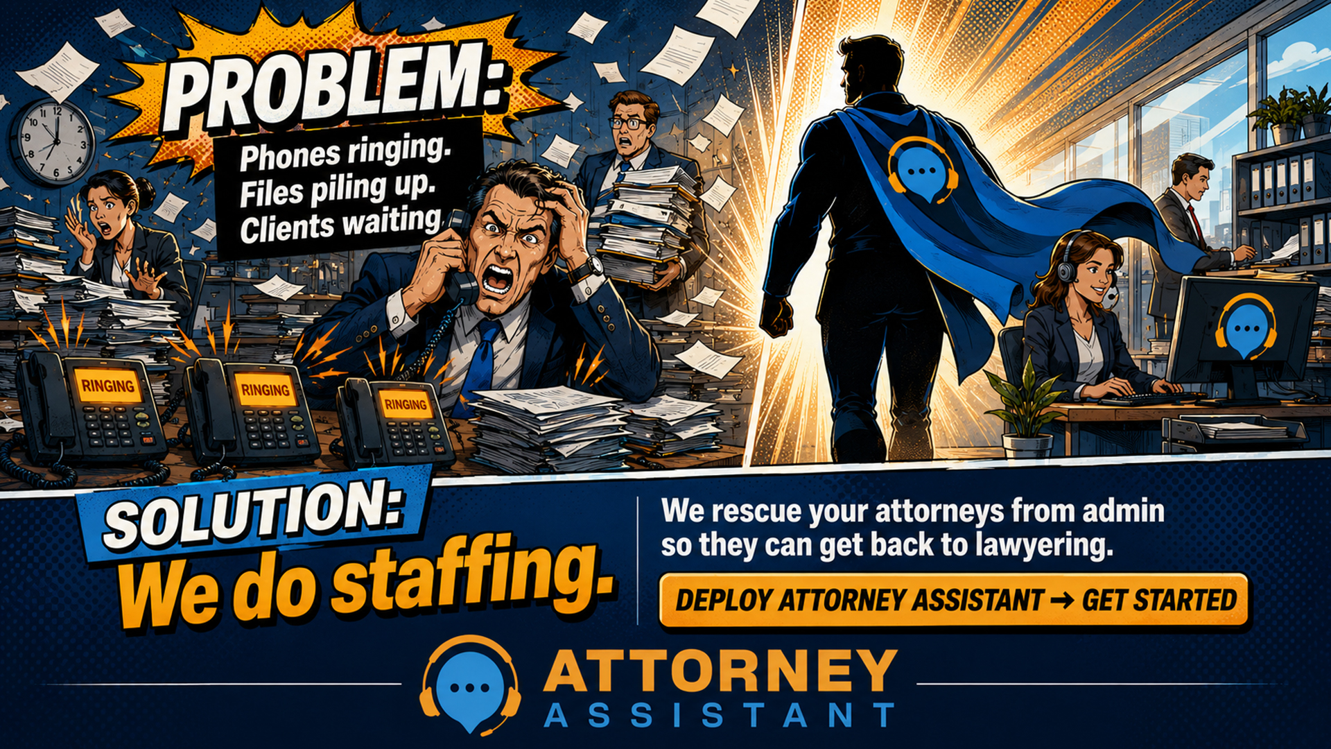 Problem: Phones ringing, files piling up, clients waiting. Solution: We do staffing. We rescue your attorneys from admin so they can get back to lawyering.