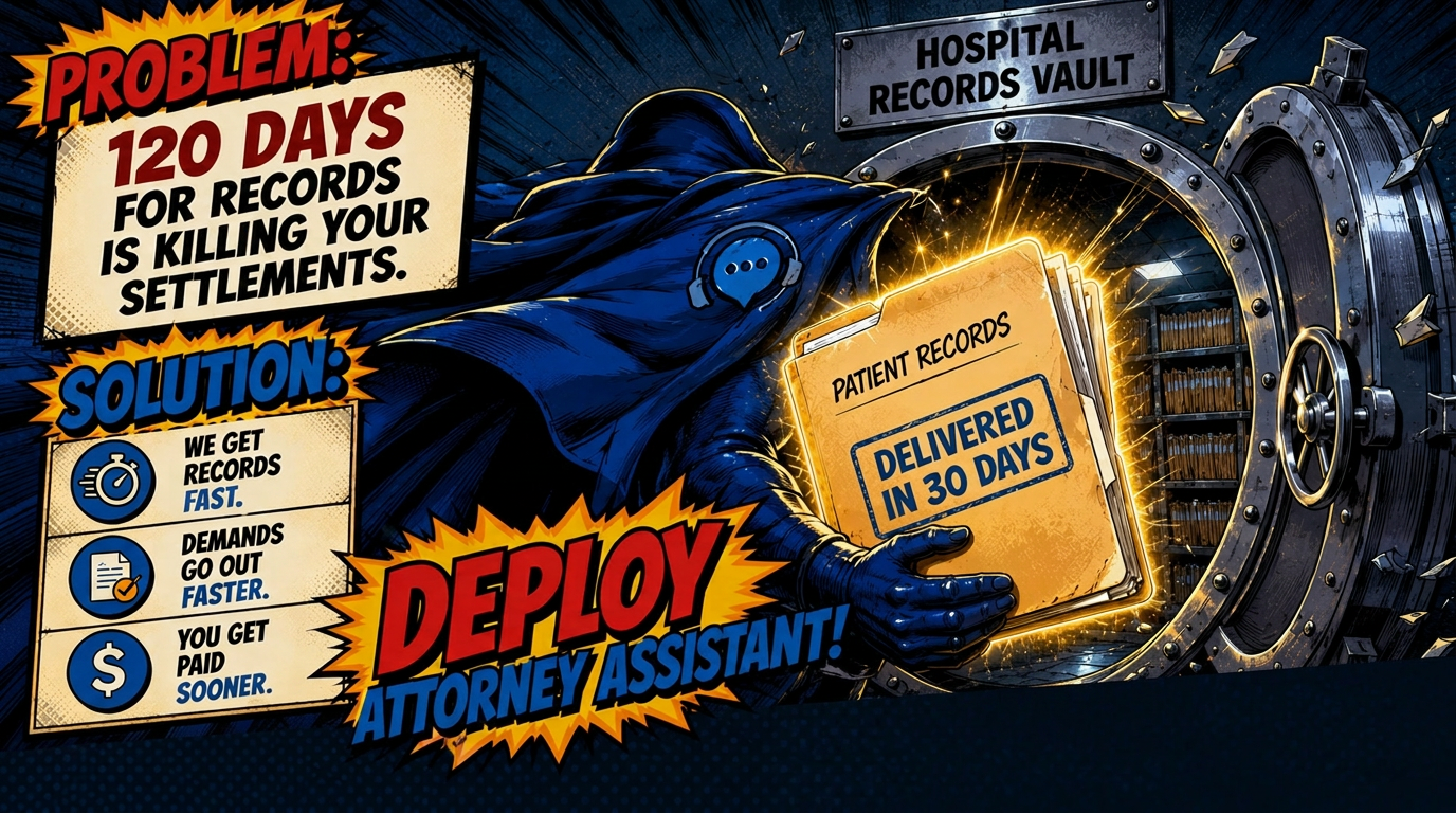 Problem: 120 days for records is killing your settlements. Solution: Deploy Attorney Assistant — records delivered in 30 days.