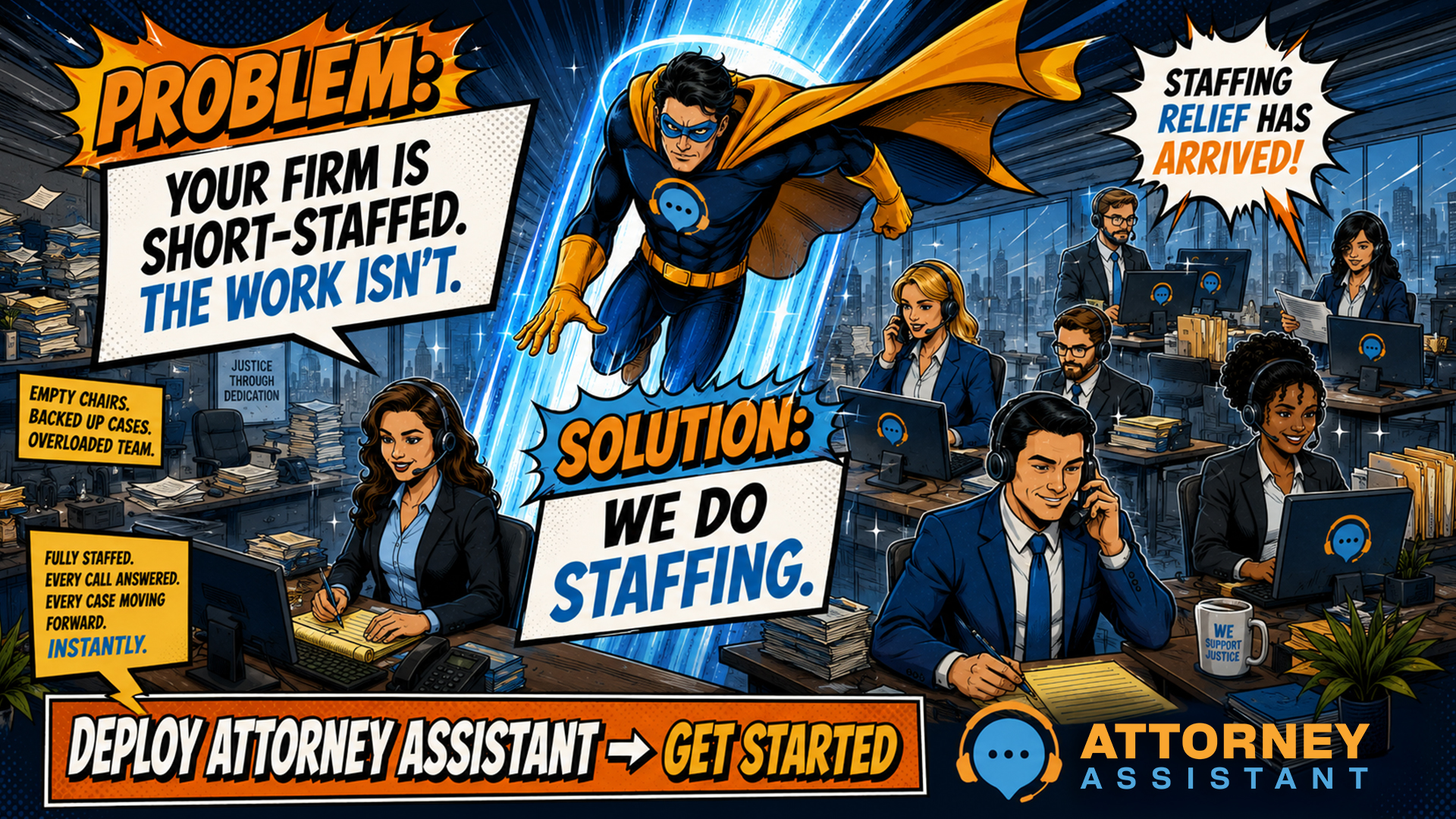 Problem: Your firm is short-staffed. The work isn't. Solution: We do staffing. Fully staffed, every call answered, every case moving forward. Instantly.
