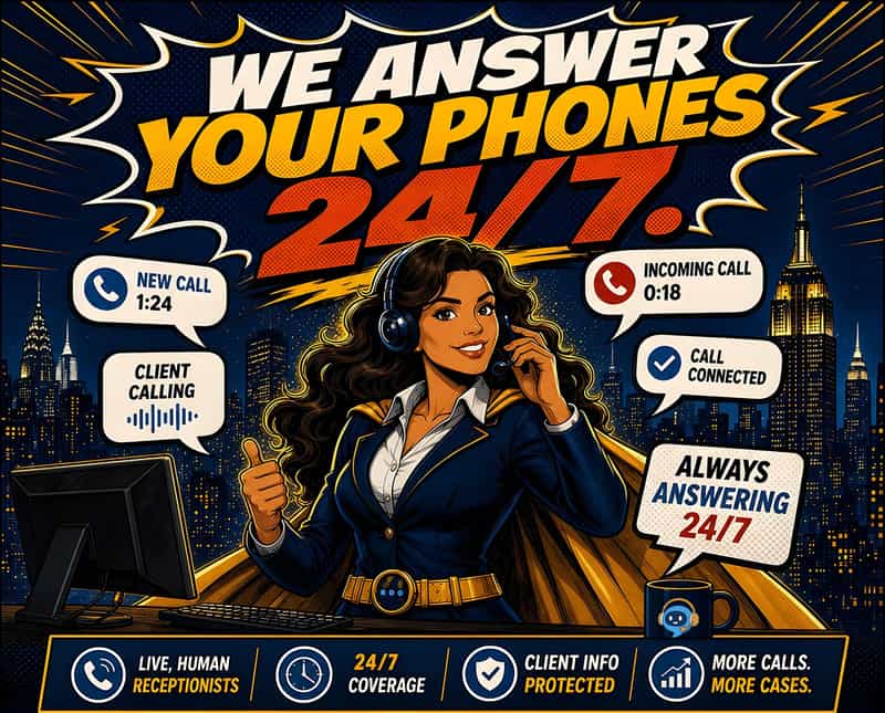 Comic ad panel reading we answer your phones 24/7, with a caped receptionist taking live calls over a night skyline