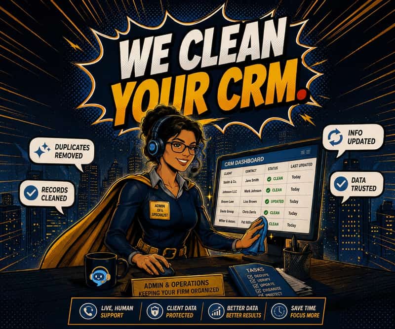 Comic ad panel reading we clean your CRM, with an admin operations specialist wiping a dashboard of client records until every row reads clean