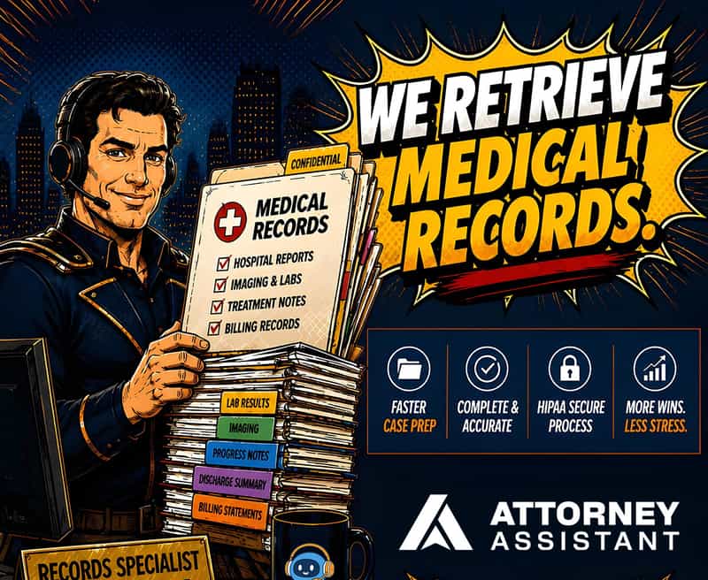 Comic ad panel reading we retrieve medical records, with a records specialist holding a stack of files labeled hospital reports, imaging and labs, treatment notes, and billing records