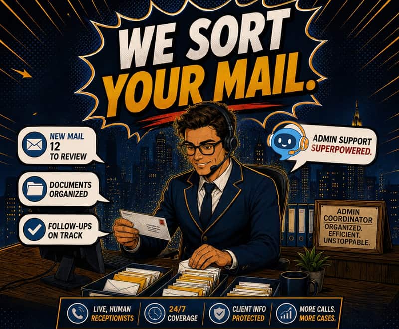 Comic ad panel reading we sort your mail, with an admin coordinator sorting envelopes into trays labeled to review, to file, and follow-up