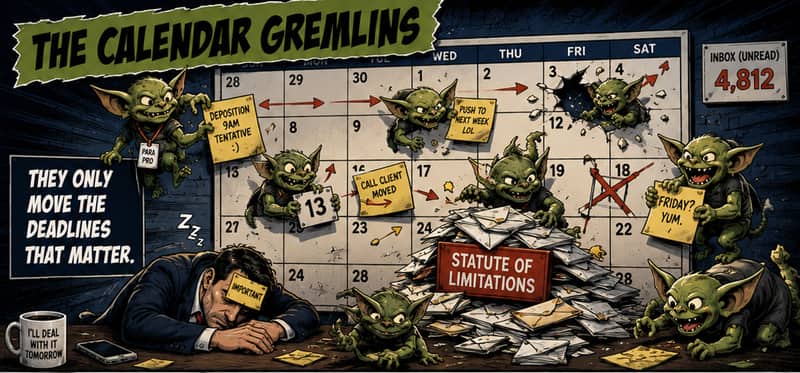 Comic strip of The Calendar Gremlins moving deadlines and burying a statute of limitations under thousands of unread emails