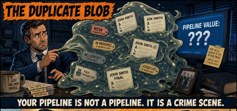 Comic strip of The Duplicate Blob, a slime of duplicate contact records hiding the pipeline's value, captioned your pipeline is not a pipeline, it is a crime scene