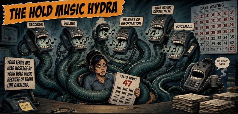 Comic strip of The Hold Music Hydra, a many-headed phone monster keeping 47 callers on hold across records, billing, and voicemail