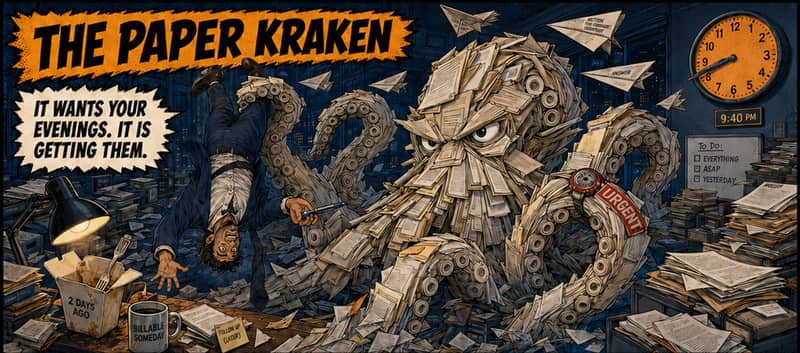 Comic strip of The Paper Kraken, a monster made of paperwork grabbing a lawyer's evening, captioned it wants your evenings, it is getting them