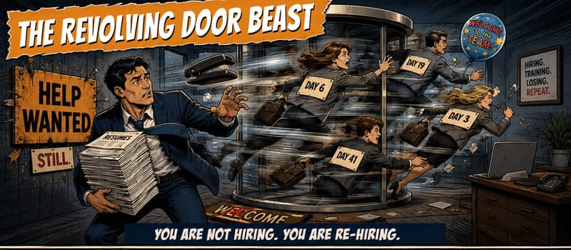 Comic strip of The Revolving Door Beast flinging new hires back out on day 3, 6, 19, and 41, captioned you are not hiring, you are re-hiring