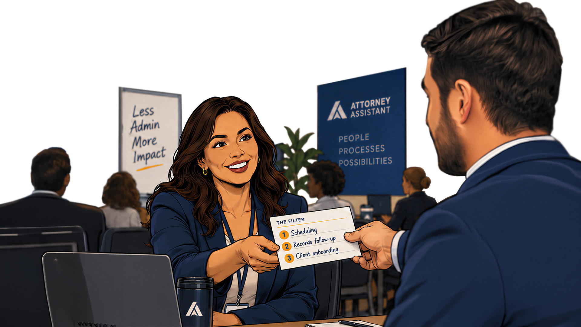 An Attorney Assistant team member handing a conference attendee a card listing their top three tasks to delegate