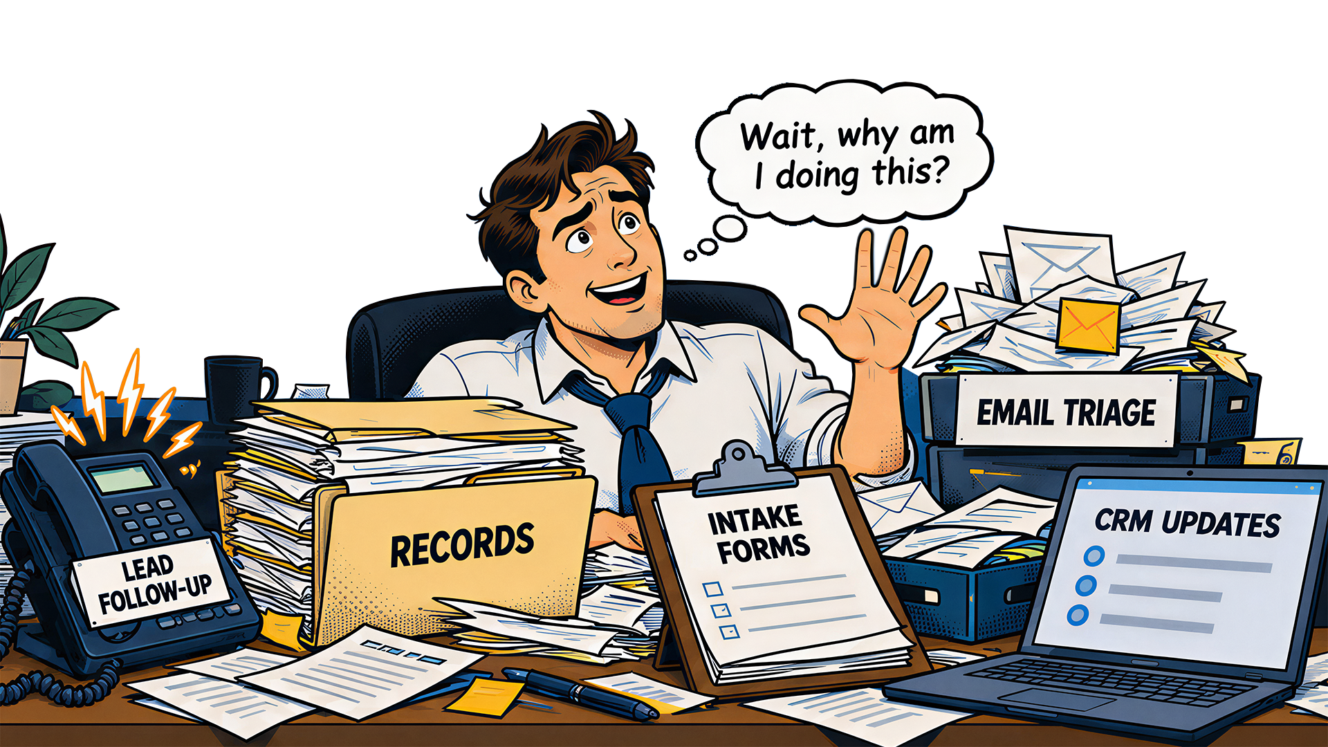 An overwhelmed attorney buried in records, intake forms, and email triage, wondering why he is still doing this himself