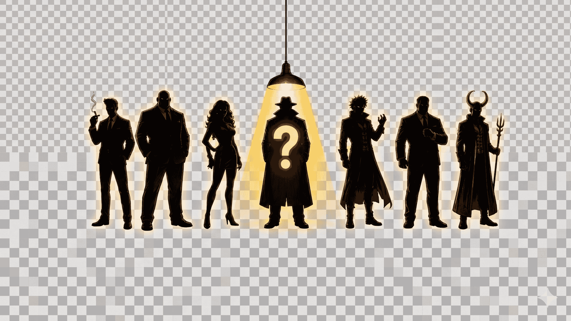Seven villain silhouettes in a lineup — the noir trench-coat figure highlighted under a spotlight with a question mark, representing your firm's unknown biggest villain